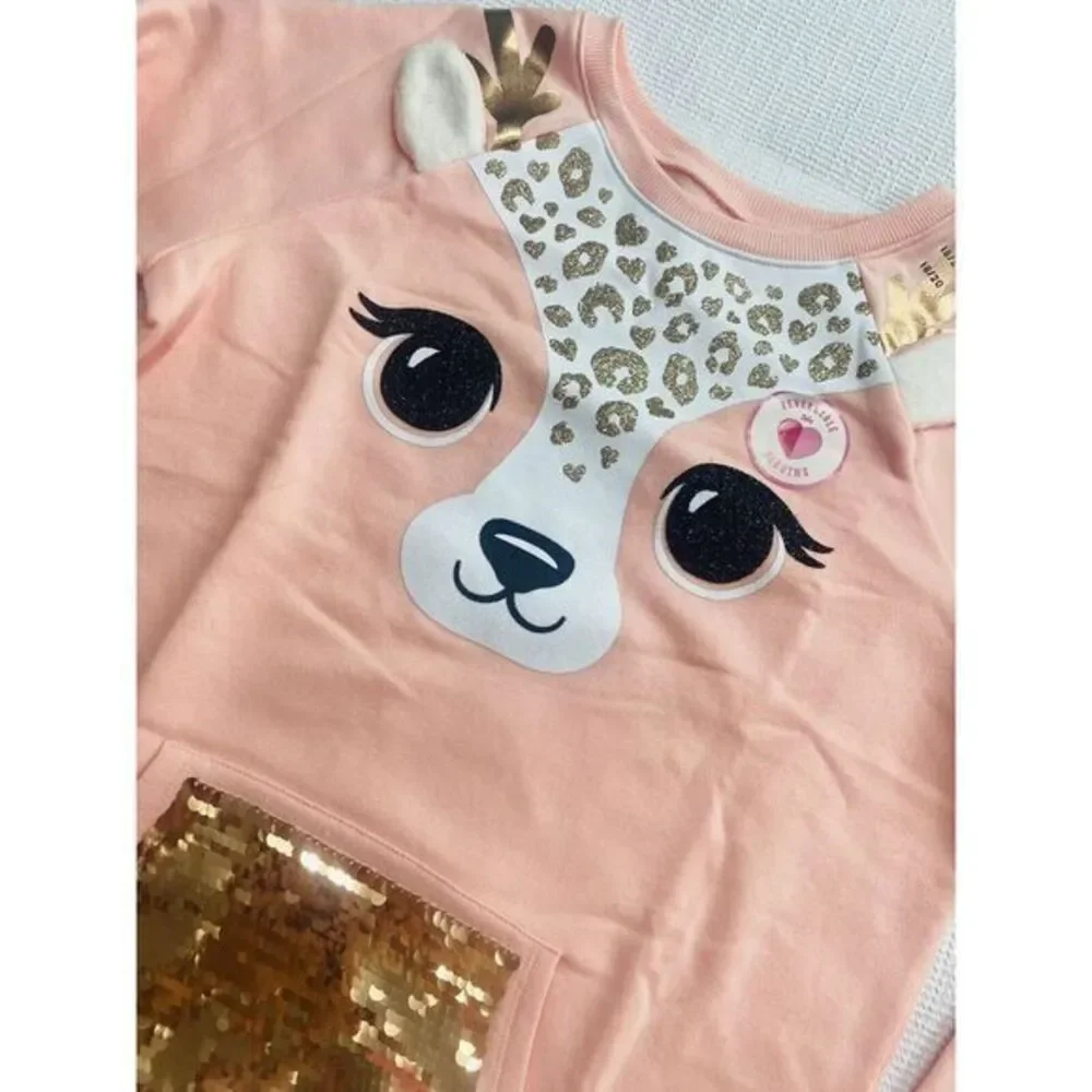 Justice Girls 18/20 Pink Glitter‎ Reindeer Sequin Pocket Fleece Sweater